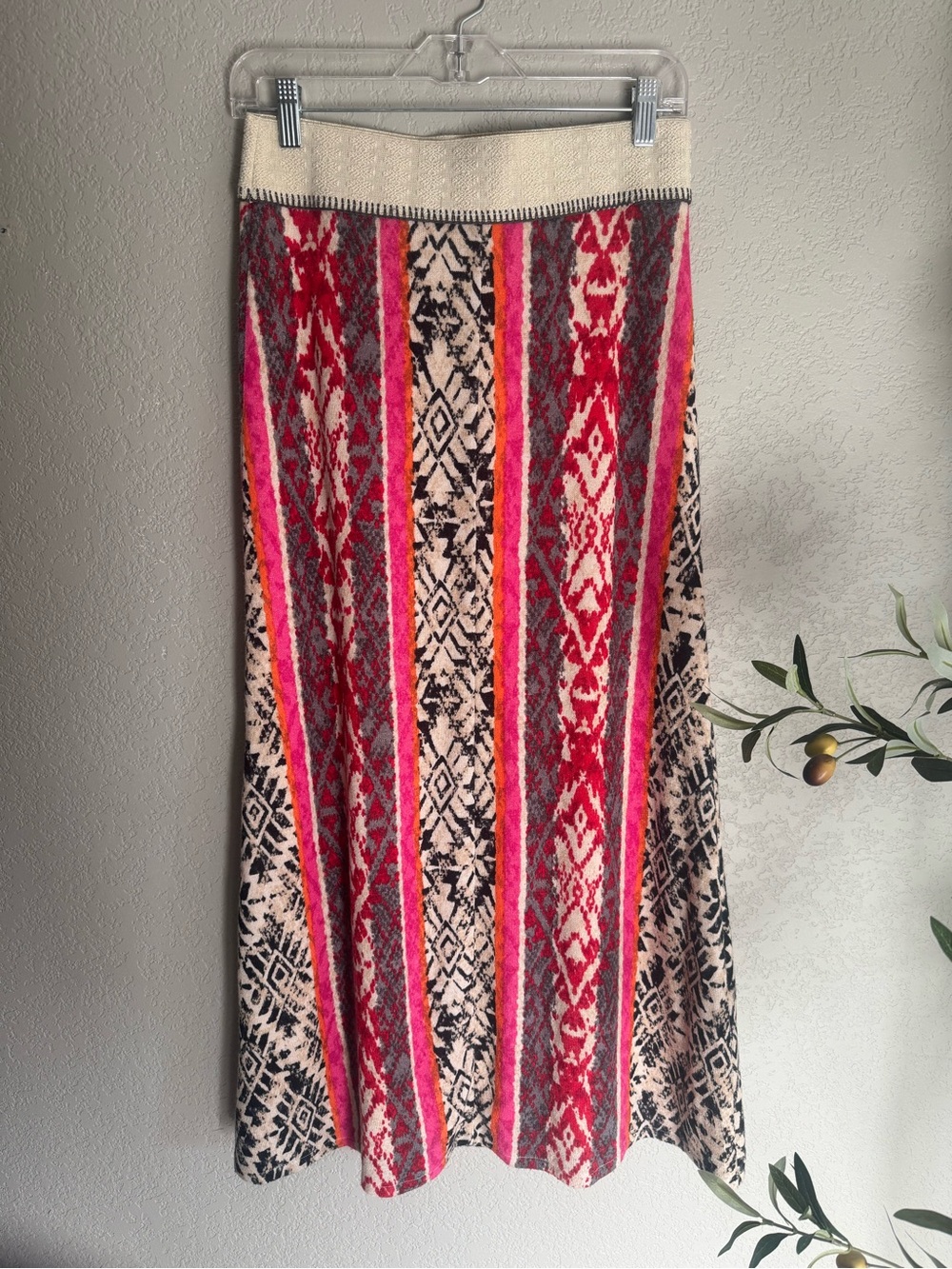 Anthropologie Vanessa Virginia Small Geometric Knit Maxi Skirt Pink Red Boho